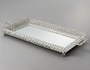 BANDEJA QUADRADA DE FERRO E CRISTAIS COM ESPELHO PRATEADO