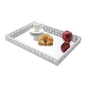 BANDEJA DE MADEIRA LAQUEADA BRANCO C/ESPELHO 32X18,5X4,5CM
