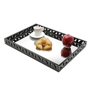 BANDEJA DE MADEIRA LAQUEADA PRETO C/ESPELHO 47X34X4,5CM