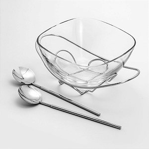 SALADEIRA DE VIDRO C/BASE E TALHERES DE AÇO INOX FENICE 24CM