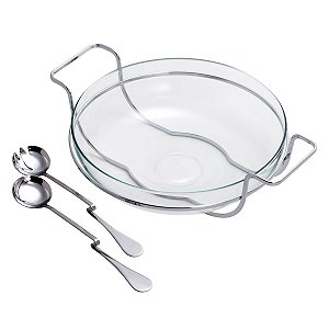 SALADEIRA DE VIDRO C/BASE E TALHERES DE AÇO INOX LILLE 35CM