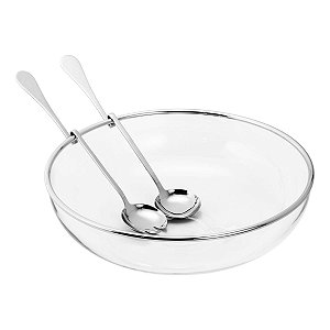 SALADEIRA DE VIDRO C/ARO E TALHERES DE AÇO INOX NICE 35CM