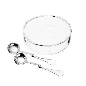 SALADEIRA DE VIDRO C/ARO E TALHERES DE AÇO INOX DIJON 25CM