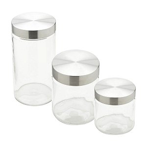 CJ 3 PORTA MANTIMENTOS VIDRO TAMPA AÇO REDOND1,7L/1,3L/880ML