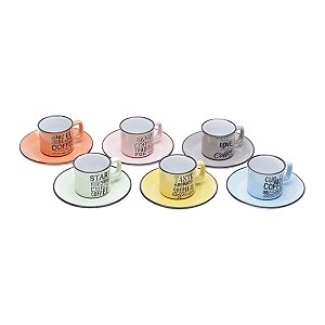 CJ 6 XÍCARAS DE CAFÉ C/PÍRES DE PORCELANA COLORIDAS WORDS