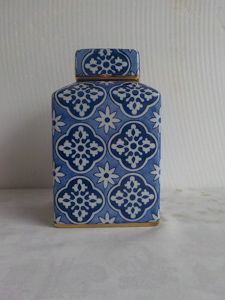 POTICHE DECORATIVO PORCELANA AZUL/BRANCO 14x23cm