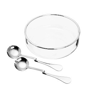 SALADEIRA DE VIDRO C/ARO E TALHERES DE PRATA DIJON 25CM