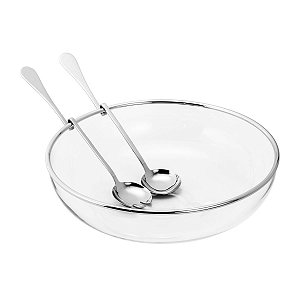 SALADEIRA DE VIDRO C/ARO E TALHERES DE PRATA NICE 35CM