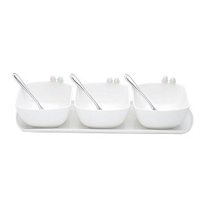 CJ 4PC SENDO 1 BANDEJA E 3 PETISQUEIRAS C/COLHER PORCELANA