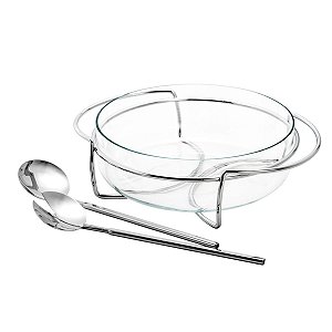 SALADEIRA DE VIDRO C/BASE E TALHERES DE PRATA LYON 25CM