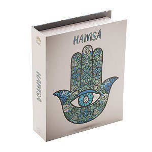 CAIXA LIVRO PAPEL RÍGIDO HAMSÁ AZUL 20x16x5cm