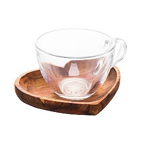 CJ 6 XÍCARAS CHÁ C/PRATO MADEIRA TECA CORAÇÃO 190ml