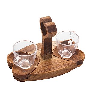 CJ 2 XÍCARAS CAFÉ C/PIRES SUPORTE MADEIRA TECA CORAÇÃO 75ml