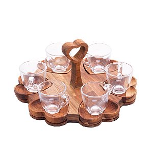 CJ 6 XÍCARAS CAFÉ C/PIRES SUPORTE MADEIRA TECA CORAÇÃO 65ml