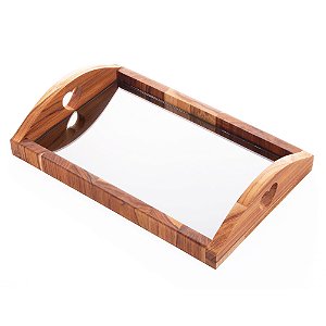 BANDEJA MADEIRA TECA C/ESPELHO CORAÇÃO BLACK 36x23x7cm