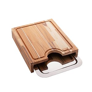 TÁBUA MADEIRA TECA P/CORTE C/BANDEJA AÇO INOX 35x29x7cm