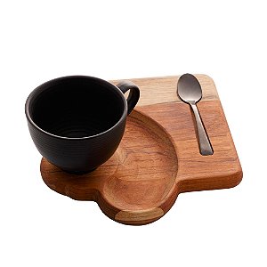 XÍCARA CAFÉ C/BANDEJA MADEIRA TECA E COLHER 30x18x8cm 195ml