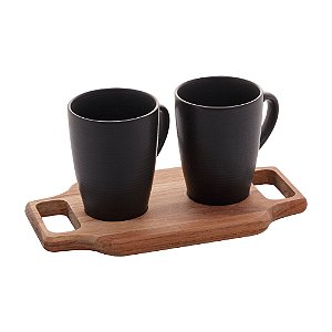 CJ 2 CANECAS CAFÉ C/BANDEJA MADEIRA TECA 26x15x12cm 350ml