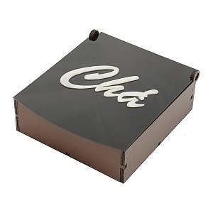 CAIXA CHÁ MADEIRA TAMPA ACRÍLICO 4 DIV PRETO 18,5X22X7,5CM