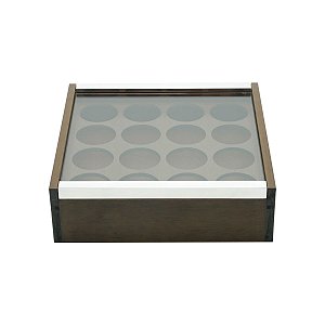 CAIXA DE MADEIRA C/TAMPA DE VIDRO TRÊS CORAÇÕES P/16 CÁPSULAS 22X6,5cm