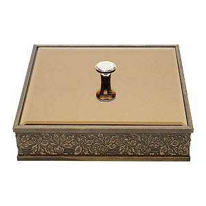 CAIXA DE MADEIRA C/TAMPA DE VIDRO BISOTÊ ACOBREADO FLORES 26X6cm