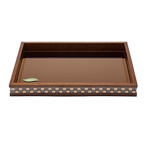 BANDEJA DE MADEIRA COM VIDRO BISOTÊ DIAMOND MARROM
