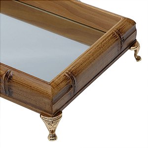 BANDEJA BAMBU COM PÉ NIQUELADO DOURADO 50x18x6,5cm