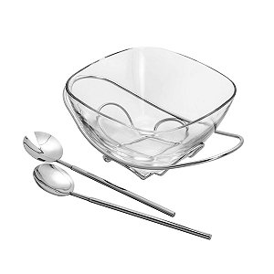 SALADEIRA DE VIDRO C/BASE E TALHERES DE PRATA FENICE 24CM