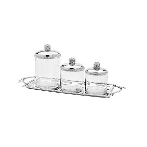CJ 4 PC BANDEJA DE LATÃO NIQUELADO C/POTES DECORATIVOS