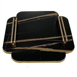 BANDEJA DE VIDRO MARMORE PRETO E ALCA DOURADA