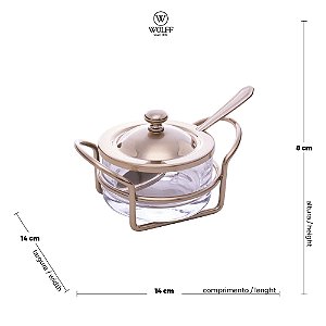 AÇUCAREIRO DE VIDRO E AÇO INOX COM COLHER E SUPORYE ITALY CHAMPANHE 14CM X 10CM X 8CM - WOLFF