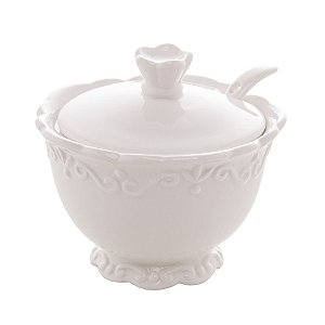 AÇUCAREIRO DE PORCELANA COM TAMPA E COLHER ALTO RELEVO BRANCO 10,5CM X 9,5CM - WOLFF