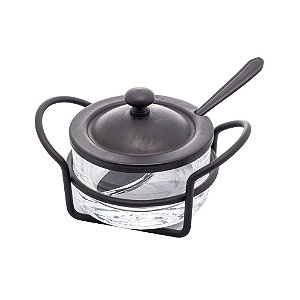 AÇUCAREIRO DE AÇO INOX E VIDRO COM COLHER E SUPORTE ITALY PRETO FOSCO 14CM X 8CM - WOLFF
