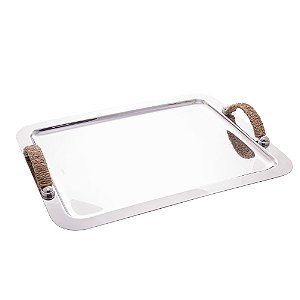 BANDEJA DE AÇO INOX COM ALÇA EM SISAL NATURE 43CM X 34CM - WOLFF