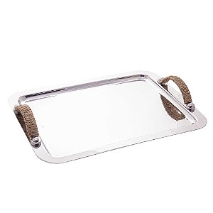 BANDEJA DE AÇO INOX COM ALÇA EM SISAL NATURE 40,5CM X 29,5CM X 6CM - WOLFF