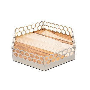 BANDEJA DE AÇO INOX COM FUNDO TECA COLMÉIA CHAMPANHE 29CM X 25CM X 7CM - WOLFF CRAFT