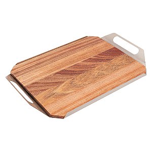 BANDEJA DE AÇO INOX CHAMPANHE ORIGAMI COM ALÇA E MADEIRA CEREJEIRA 36CM X 24CM X 3CM - WOLFF CRAFT