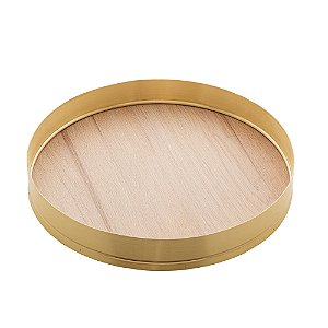 BANDEJA REDONDA ESCOVADA COM FUNDO EM MADEIRA JADE DOURADA 36CM - WOLFF
