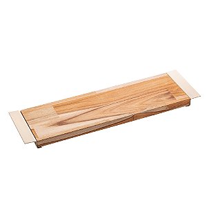 BANDEJA PARA SERVIR DE MADEIRA COM ALÇA DE AÇO INOX TECA CHAMPANHE 46CM X 12,5CM X 2CM - WOLFF CRAFT