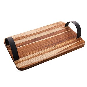 BANDEJA DE MADEIRA COM ALÇA EM COURO TECA 40CM X 25CM X 6CM - WOLFF CRAFT