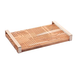 BANDEJA DE MADEIRA COM ALÇA EM AÇO INOX TECA CHAMPANHE 37CM X 23CM X 5CM - WOLFF CRAFT