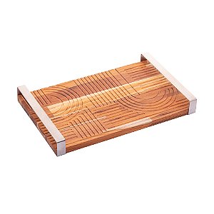 BANDEJA DE MADEIRA COM ALÇA EM AÇO INOX TECA 37CM X 23CM X 5CM - WOLFF CRAFT