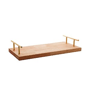 BANDEJA DE MADEIRA COM ALÇA DOURADA LIPTUS 38CM X 18CM X 7CM - WOODART