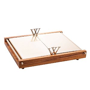 BANDEJA DE MADEIRA COM AÇO INOX TECA CHAMPANHE W 33CM X 29CM X 9CM - WOLFF CRAFT