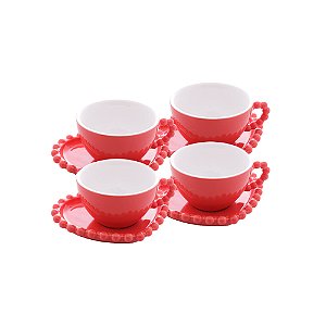 CONJUNTO 4 XÍCARAS DE CHÁ DE PORCELANA COM PIRES CORAÇÃO BEADS VERMELHO 210ML - WOLFF