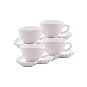 CONJUNTO 4 XÍCARAS DE CHÁ DE PORCELANA COM PIRES CORAÇÃO BEADS BRANCO 210ML - WOLFF