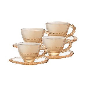 CONJUNTO 4 XÍCARAS DE CAFÉ DE CRISTAL COM PIRES DAISY ÂMBAR 80ML - WOLFF