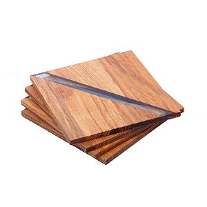 CONJUNTO 4 PORTA COPOS DE MADEIRA CEREJEIRA COM RESINA DIAGONAL 11CM X 11CM X 2,5CM - WOLFF CRAFT