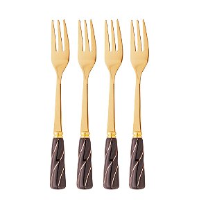 CONJUNTO 4 GARFOS PARA APERITIVO DE AÇO INOX DOURADO COM CABO DE CERÂMICA PRETO - WOLFF