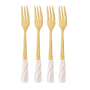 CONJUNTO 4 GARFOS PARA APERITIVO DE AÇO INOX DOURADO COM CABO DE CERÂMICA BRANCO - WOLFF